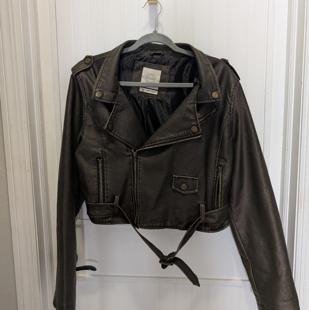 Black Faux Dark Leather With Golden Hue Bomber Moto Jacket Womens XL